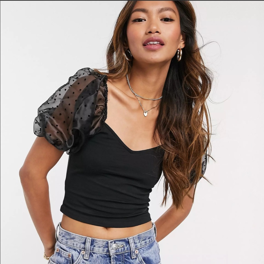 NWT Monki Sally mesh puff sleeve top in black